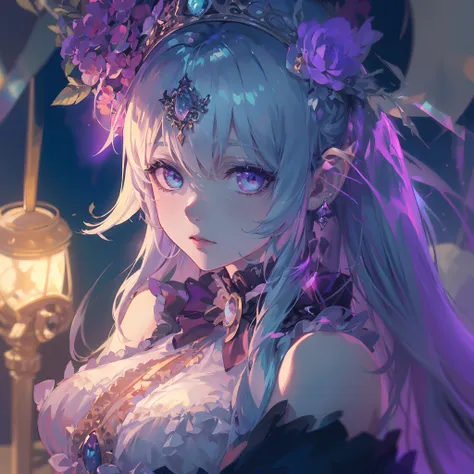 Ultra-detailed anime-style illustration of a beautiful vampire woman with iridescent eyes, Pale skin, Acuarela cabello azul profundo, tocado, Victorian gothic dress, destello de lente, profundidad de campo, Efecto Bokeh, retroiluminado, elegantee, elegante...