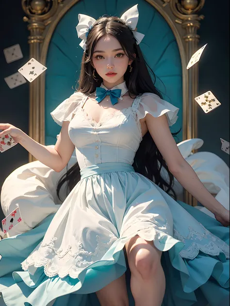 Unbeatable masterpiece, Ultra photo realsisim, Perfect artwork, Intricate details, Best quality, Strong light , High contrast, Dynamic pose, Blue dress and white shirt , A star in a fluffy dress，Poker of hearts and spades , Golden rabbit on bow tie , Cream...