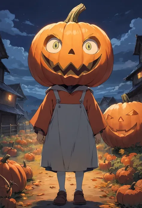 Little humanoid character with pumpkin as head, Scary, Horror, Night, Dark, Autumn weather, farms