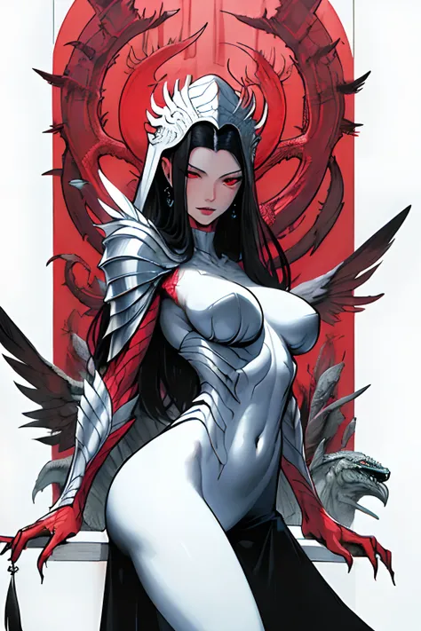 (masterpiece, best quality), 1lady, solo, (white Scales, scaly body), black hair, red eyes, (art by Adam Hughes, zdzislaw beksinski, dariusz zawadzki, giger, frank cho), (big breasts:1), (naked:0.1), (pussy wedgy:1), (harpy, claws, feathers:1), mythical Gr...