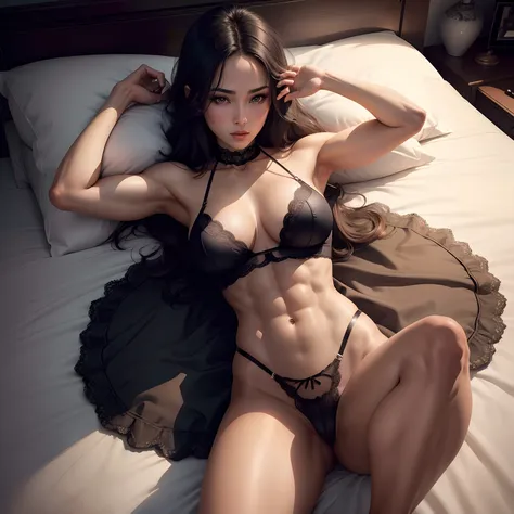 super high image, super detail, super high resolution, transcendent erotic sexy woman, flat chest, abs, perfect proportion, slender, lace sexy lingerie, on the bed, professional lighting --auto