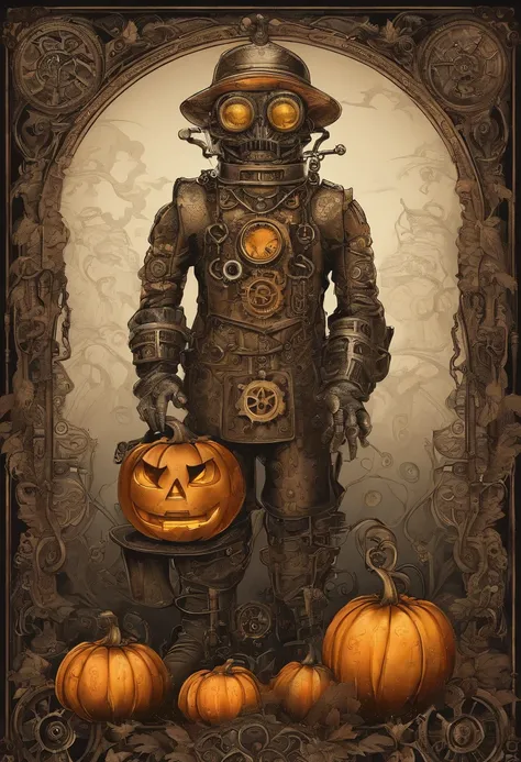 Little humanoid character with pumpkin as head, Scary, Horror, Night, Dark, Autumn weather, farms