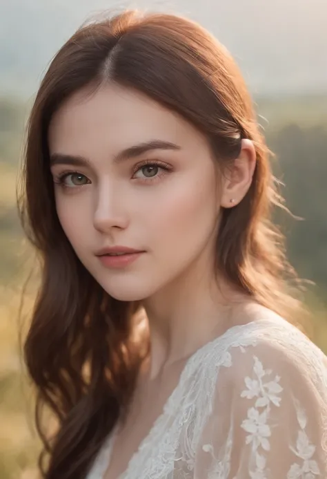 masutepiece,Best quality:1.4),(8K,photo RAW,Fotorrealista:1.2),(glowy skin),detailedskin,Detal Face,A detailed eye,1girl in、The upper part of the body,extremely beautiful face,Brown hair、Stay outside、clear skies, blue eyes, animated