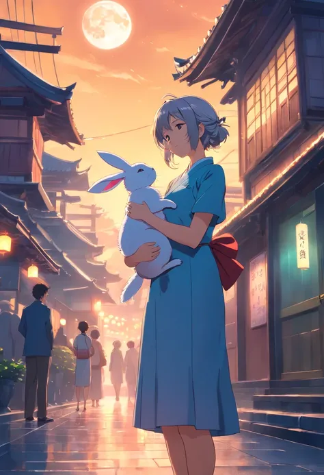 nightcity，the night，full moon，A silver-haired rabbit-eared girl in a long dress holding a small rabbit hairpin in one hand，Outside a group of Chinese buildings, holding a cheongsam in a hug，A little bunny wearing a scalloped bow hairpin， dreamy glow，unreal...