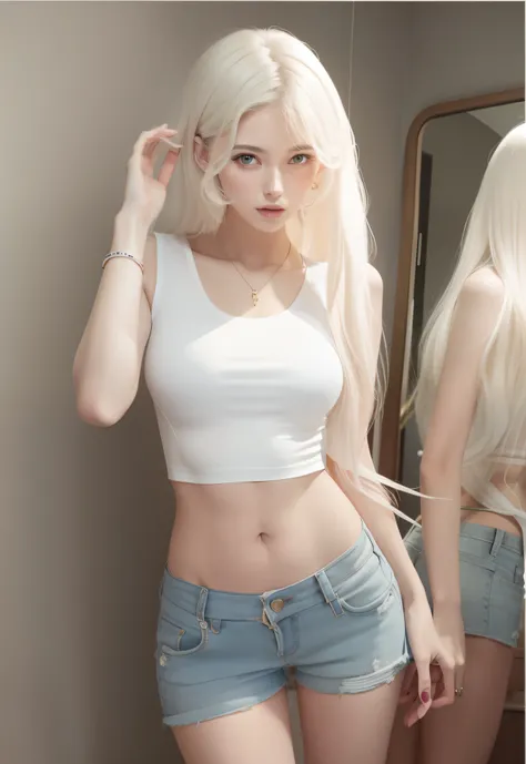 there is a woman that is standing in front of a mirror, 2 4 year old female model, photo of slim girl, half body crop, Her navel was exposed, Physical : tinyest midriff ever, 18 years old, (12x) extremely pale white skin, Thin waist, tinyest midriff ever