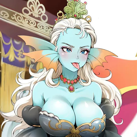 8K,High quality,Anime,married woman,Beautiful,clean,Bright,highlight in eyes,Sexy,ultra gigantic tits,oversized tits,Erotic,,beautiful line art. Blue skin, Blue and orange gradient ear fins, Tongue out, sexy expression, royal background, Black Dress,8K,Hig...