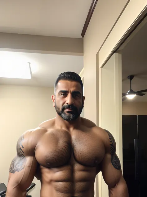 One man, Assyrian dad, bodybuilder,tan skin,dark hair,hair gelled back, hyper muscular,huge pecs, tattooed pectorals, big arms, biceps, hairy arms,40 years old, gym ,Dark Brown Eyes.