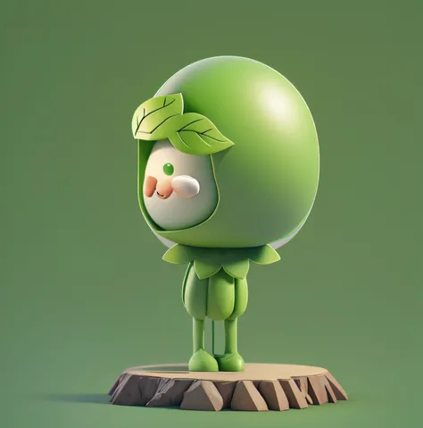 Wearing a green helmet, 3D figure of a green man with two leaves on his head, Left view, Wear a laurel wreath,, Elves dressed in green, The arms droop naturally, Cute 3d render，by Pixar，Rendering of anime sprites，pixie character, wearing green armor and he...