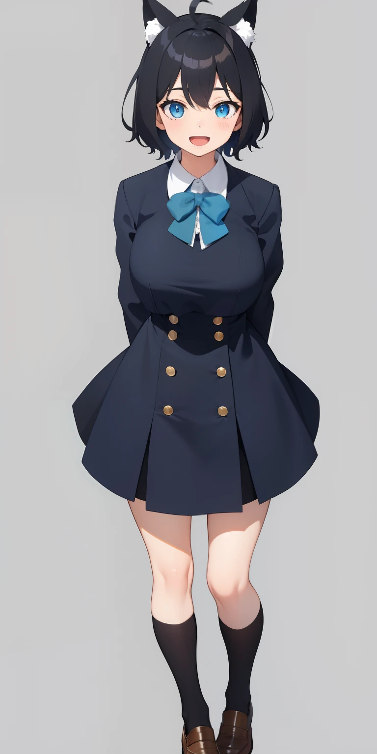 Full body, Upright, Arms at sides, Looking at Viewer, Simple background, 1girl in, Open mouth, Smile, Virtual Youtuber、girl with、、((Best Quality, high_resolution, Distinct_image)),(Black hair), (Black cat ears), (Ahoge), (absurdly short hair), (Wavy Hair),...