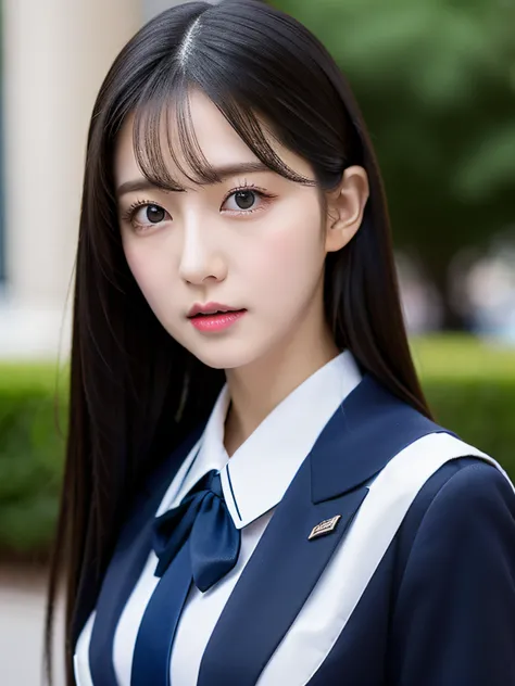 Best Quality, Full body portrait, Delicate face, Beautiful face, Big eyes: 1.1, makeup: 1.2, 25 years old female, Slim body, Small bust, OL Uniform, Womens White Collar Uniform, Office Uniform, Black stockings, Outdoor Scene, Standing, Long hair, nakeness,...