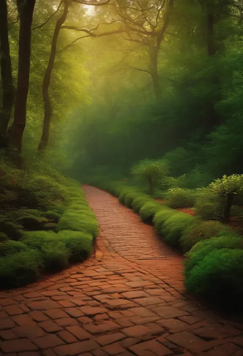 utopian philosophical forest with brick sidewalk