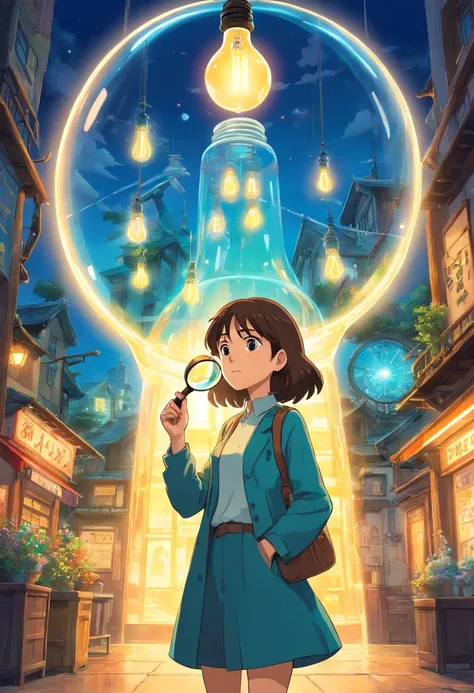 A stylish woman stands in front of a gigantic glowing light bulb, holding a magnifying glass in her hand, indicating that she is uncovering new information and opportunities.