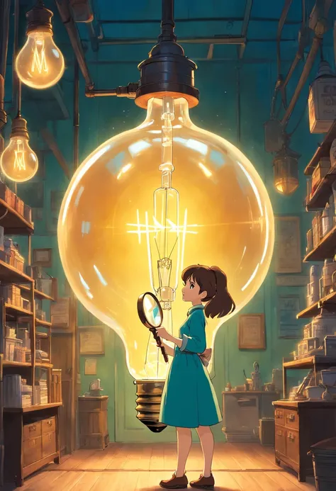 A stylish woman stands in front of a gigantic glowing light bulb, holding a magnifying glass in her hand, indicating that she is uncovering new information and opportunities.