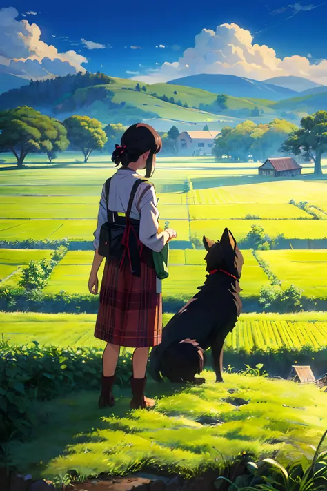 masterpiece, mid shot, anime style, highly detailed, concept art, oil painting, gouache, hard brush, centered, catgirl as a farmer, rice field, farmhouse background, farm life, cozy, award winning, vibrant color, gibli inspired, harvest moon, makoto shinka...