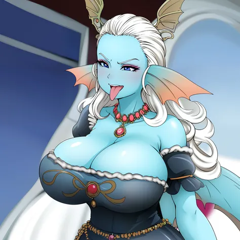 8K,High quality,Anime,married woman,Beautiful,clean,Bright,highlight in eyes,Sexy,ultra gigantic tits,oversized tits,Erotic,,beautiful line art. Blue skin, Blue and orange gradient ear fins, Tongue out, sexy expression, royal background, Black Dress,8K,Hig...