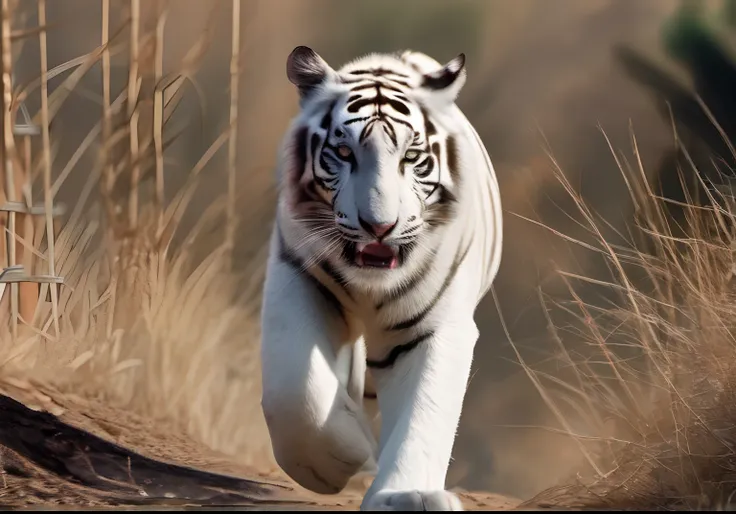 Three 8K white tiger looks at the camera, Este tigre parece poderoso, ele esta um pouco longe da camera, It looks like its going up the hill, Ele tem uma juba muito bonita, uma textura fina, uma linha muscular forte