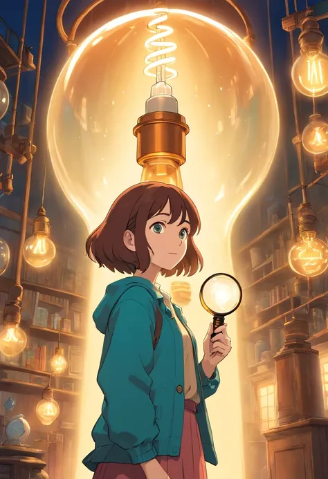 A stylish woman stands in front of a gigantic glowing light bulb, holding a magnifying glass in her hand, indicating that she is uncovering new information and opportunities.