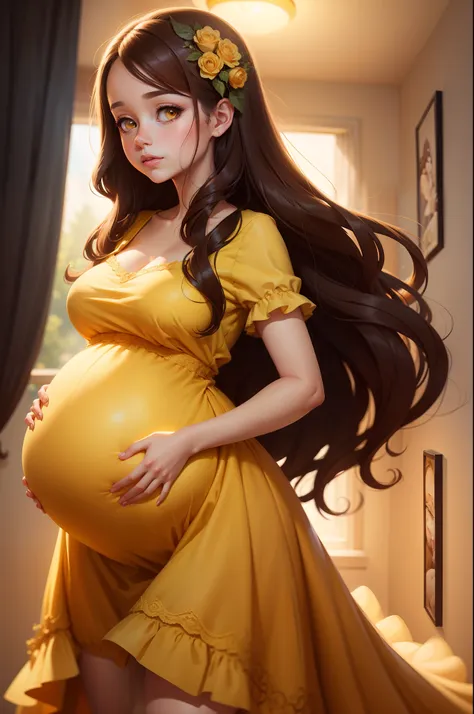 a painting of a pregnant woman with long brown hair and a yellow dress, inspired by lois van baarle, by lois van baarle, adorabl...