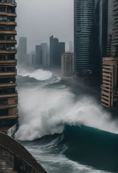 tidal waves，Armageddon，Greatwave，flap，The run-down city creates a cinematic cityscape，A towering tsunami pounds the citys skyline. The lens should capture the absolute power and destructive power of the wave, The building in the foreground is partially sub...