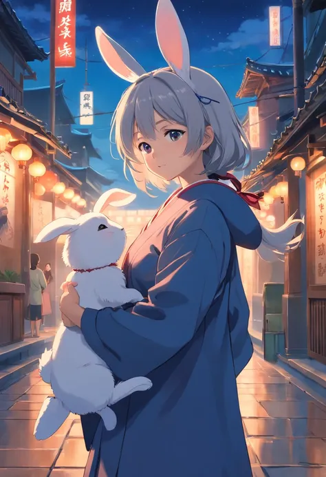 Long hair，the night，full moon，Silver-haired rabbit-eared girl holding a small rabbit hairpin in one hand，Outside a group of Chinese buildings, Hug with a cheongsam，A little bunny wearing a scalloped bow hairpin，unreal render,reasonable design, high detal, ...