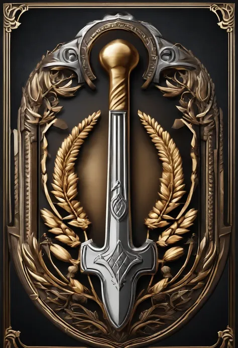 （Game achievement medallion design），Silver medal，Flat 2D effect，Ear of wheat border，(In the middle of the medallion is the hammer and  spanner intersect icon)