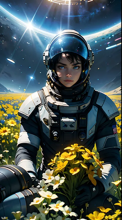 (Masterpiece, Best quality), Cinematic composition, letterboxed, Depth of field, solofocus, Astronauts sitting in a flower field，Rest on the ground, mitts, yellowflower, Black gloves, Spacesuit, Science fiction, Sunlight, Black hair, Blue eyes, Interstella...