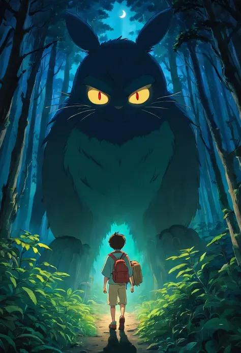 Boy exploring the terrifying dark night forest、