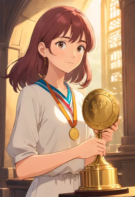 A woman stands beside a trophy, holding a gold medal in her hands. This indicates that through diligence and focus, she has become exceptionally proficient and successful in her field.