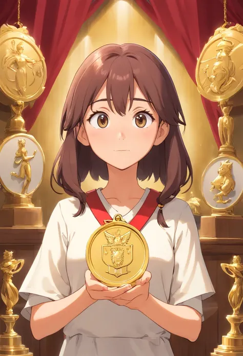 A woman stands beside a trophy, holding a gold medal in her hands. This indicates that through diligence and focus, she has become exceptionally proficient and successful in her field.