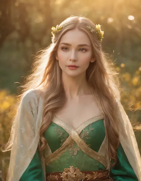 upper body，medium shot，The elven princess leaned against the emerald grass。Her long hair flowed，A golden glow shimmers in the sunlight。The surrounding flowers bloom with colorful colors，A gentle breeze blows the leaves，Fallen leaves fluttered around her。Th...