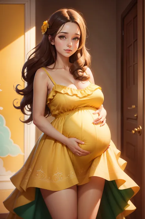 a painting of a pregnant woman with long brown hair and a yellow dress, with her husband, inspired by Lois van Baarle, adorable digital painting, cute detailed digital art, digital cartoon painting art, beautiful digital illustration, cute digital art, a b...