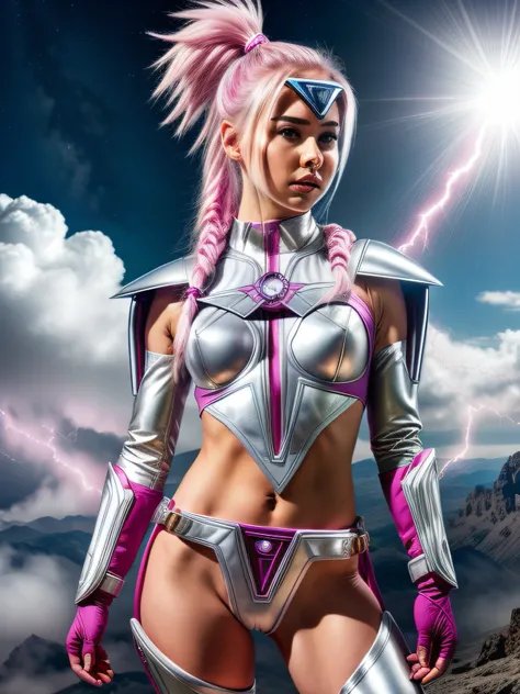 (Nsfw), 4k, realistic, charismatic, very detail, there is a girl on sky, wearing silver power ranger outfit, she is power ranger, super hero theme, chromatic hair, 25 years old, full body