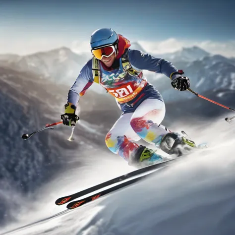 Snowy mountains, alpine skiing, competitive skiing, stiff, motion blur, fashionable ski wear