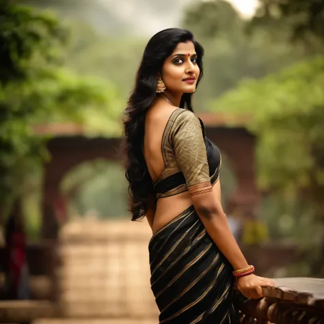 (best quality,ultra-detailed,realistic:1.37), South Indian Woman, black hair, extra detailed round face, full body slim figure, black saree, posing back with open back saree, beautiful eyes