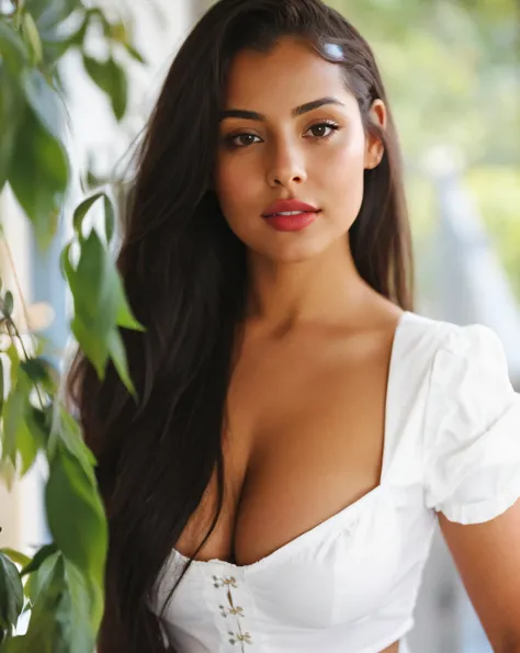 RAW photo, waist up portrait of ingrid Belásquez, venezuelan, a beautiful woman, 18 yo, brunette, wears a white blouse, cleavage, (busty) petite, tanned skin, wonderful straight long black hair, round face, exotic light green eyes, fleshy mouth, thick lips...