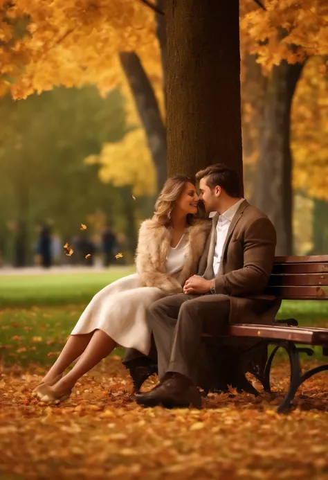 (best quality,ultra-detailed,photorealistic),A couple in love in the park,falling leaves,autumn colors,peaceful atmosphere,soft sunlight,romantic atmosphere,outdoor scenery,natural beauty,lush greenery,park bench,holding hands,smiling faces,blissful expres...