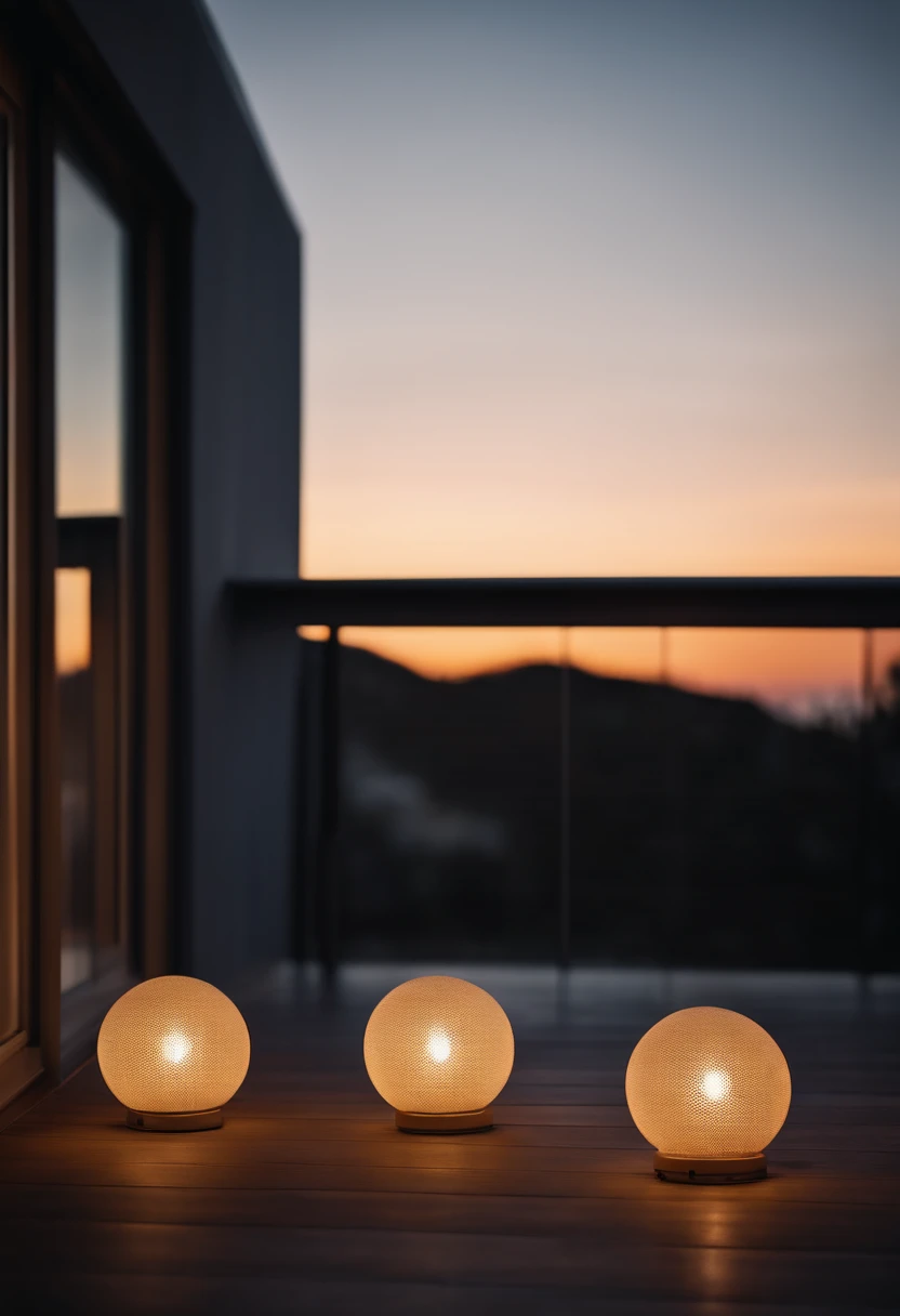 Three outdoor spherical lights are placed on the balcony floor in the evening，The background is the evening sky，The vista is a modern minimalist house