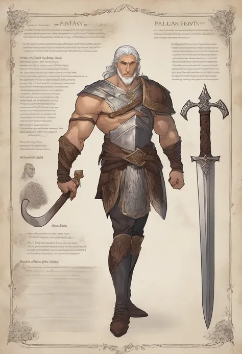 a character sheet of a Tall, muscular human male paladin with silver hair in a ponytail, wears in silver heavy armor with long sword and sheild, but with four different and distinct facial expressions of the same character: like joy or shy, in style of hol...