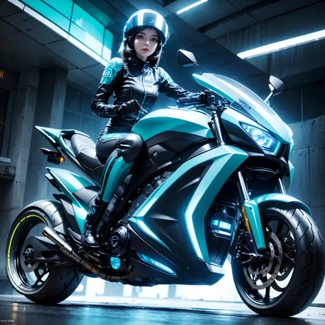 1girll,riding motorcycles，Cool motorcycle，Glow-in-the-dark striped motorcycle，Girl in motorcycle costume，Wear a helmet on your head，gazing at the camera，Future city background，best qualtiy，tmasterpiece，Photorealsitic，Photoreal，of a real，rendering by octane