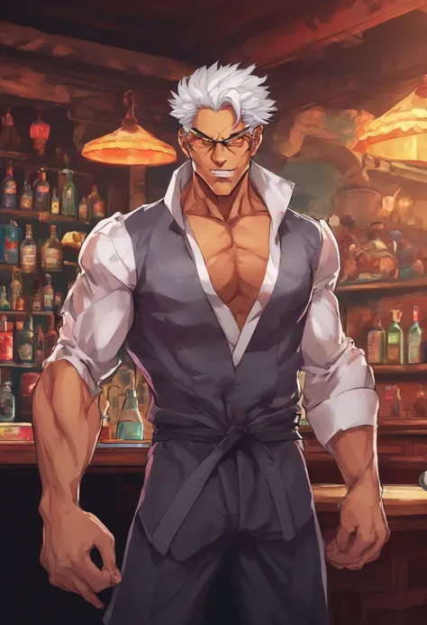 Masterpiece realistic, best high quality, perfect details, RAW Photo, intricate details, nice lighting, 4K, detailed background, big muscle, bartender minotaur, glasses, male, short hairstyle, white hair, tuxedo, behind counter, bar, smile, standing sex, s...