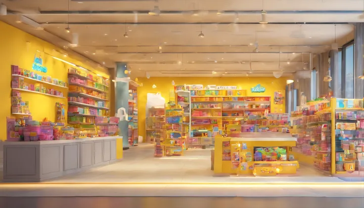 A toy store in the mall，Yellow border，Open plan decoration design，a 3D render,Best quality