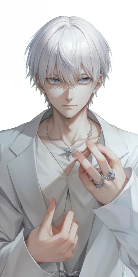 Anime man with white hair, white shirt and silver necklace, kaneki ken, Tall anime guy with blue eyes, kaneki ken, male anime character, killua zoldyck made of jewlery, silver eyes full body, Handsome anime pose, with index finger, Anime handsome man, kawo...