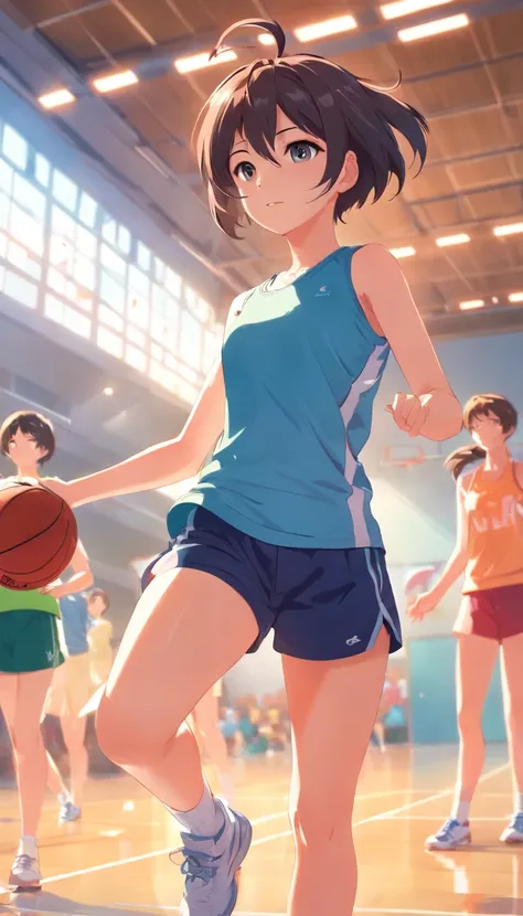 Im a girl in high school gym clothes。Play sports。a pixie cut、