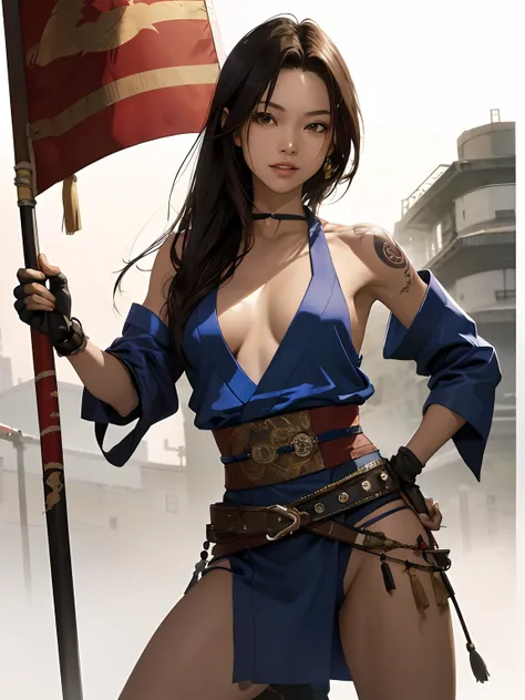 ((woman))), (((best qualityer))), (((tmasterpiece))), (((AS-Adult))), ((( Japanese ))), Look up from your knees, A beautiful asian samurai woman with perfect body, Modern samurai, ((( Asian))), Wear gloves on your hands，The left arm is made of steel and me...