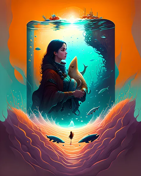 A woman is at the bottom of the ocean，jellyfish and sharks in the background, arte da capa do livro, Tarasso Faobia, Epic poster art, Sci - Arte de Terror Fi, epic fantasy sci fi illustration, epic surrealist oil painting 8K, Sylvain Saller e Igor Morsky, ...