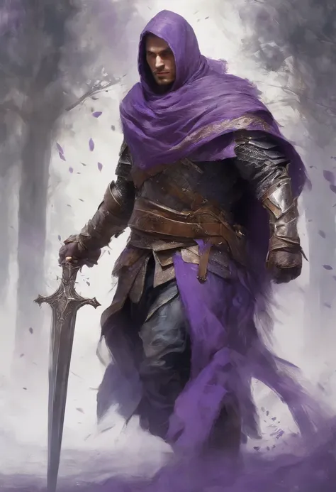 Strong Male,Paladin Knight,walking, Centered,purple scarf, Looking at the camera, Facing the camera, Approaching perfection, Dynamic, Highly detailed, Smooth, Sharp Focus, 8K, hight resolution, Illustration, art by carne griffiths and wadim kashin, White b...