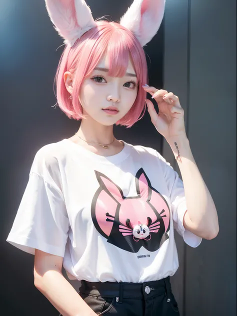 Watching NBA games、Baseball Day Games、salesgirl、Oversized Baseball Shirts、Hollow eyes、waking up、sleepy、Pink hair、Realistic rabbit ears、rabbit ears pink hair sticking out of the head,,,,,,,,,、smil、Bewitching atmosphere、Beautiful shaped hands、K-POP、Pink rabb...