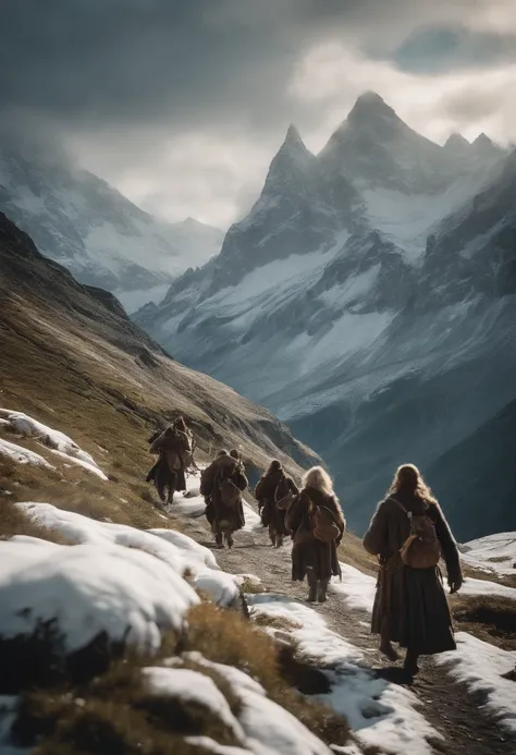 On the majestic snow-capped mountains, a group of explorers from "The Lord of the Rings" are marching，Middle-earth，Magical scenes