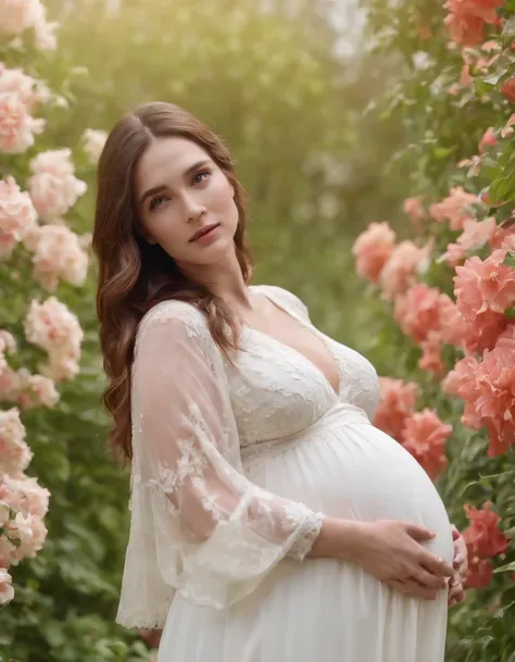 (Medium Long Shot)，pregnant woman，Beautiful girl, Stand with your hands dangling, long hair flowing with the wind, In the middle of colorful flower beds, White dress