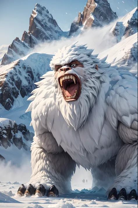 Bigfoot, yeti, snowy mountains, blizzard, harsh environment, ice, rocky mountains, roaring with wide open mouth, about to attack, whiteout,full body Esbian , (8K, 16 K, awardwinning, hight resolution, Best Quality, high details:1.2, Anatomically correct, m...